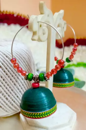 Green color ethnic hoops quilling jhumkas
