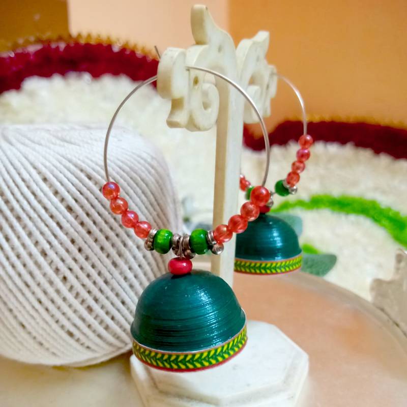 Green color ethnic hoops quilling jhumkas