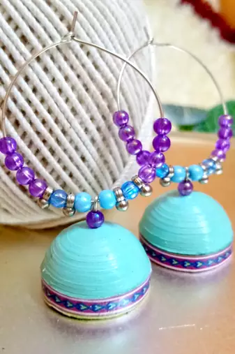 Light blue color ethnic hoops quilling jhumkas