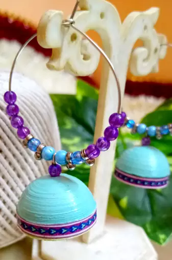 Light blue color ethnic hoops quilling jhumkas