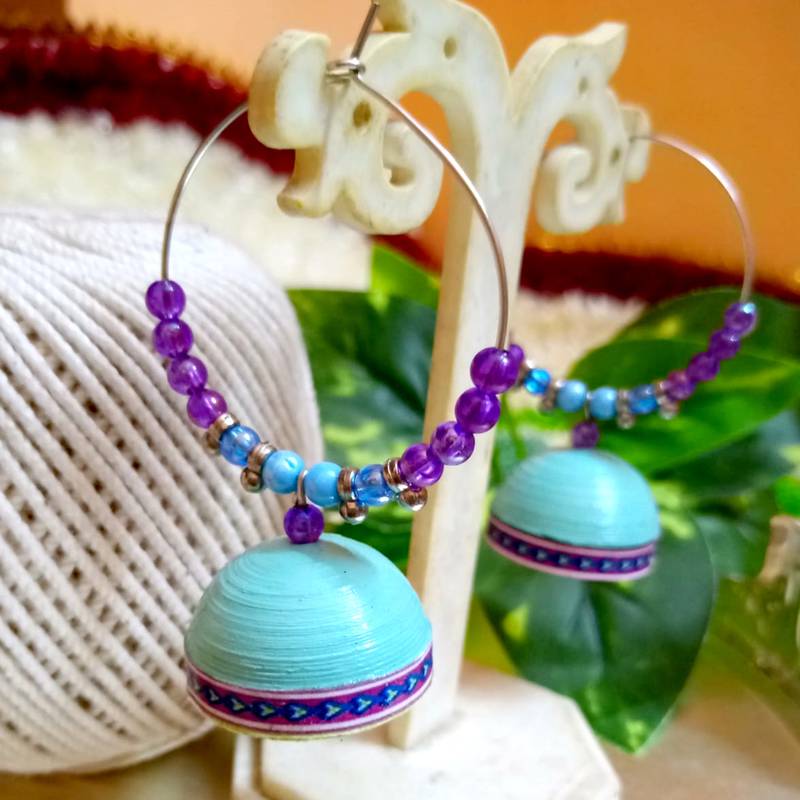 Light blue color ethnic hoops quilling jhumkas