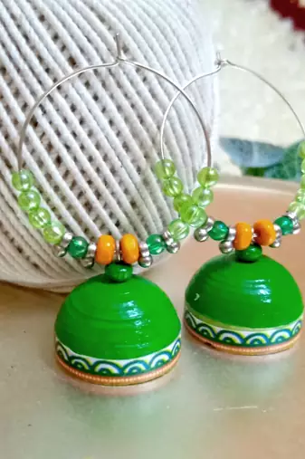 Green color ethnic hoops quilling jhumkas