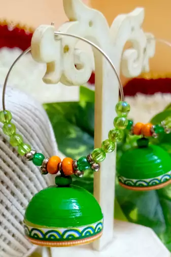Green color ethnic hoops quilling jhumkas