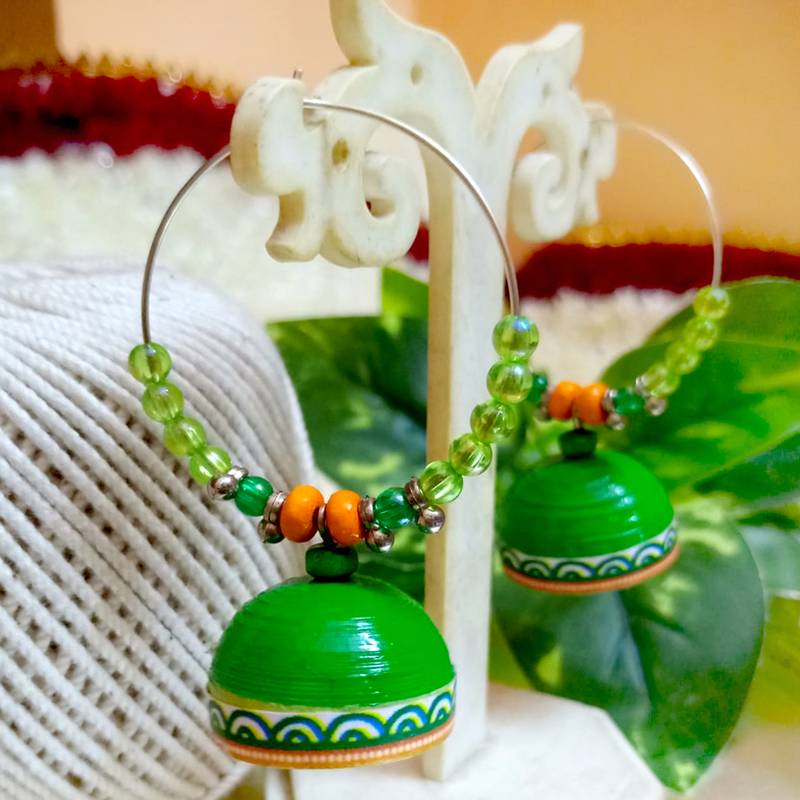 Green color ethnic hoops quilling jhumkas
