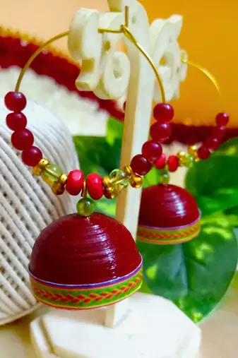 Maroon color ethnic hoops quilling jhumkas