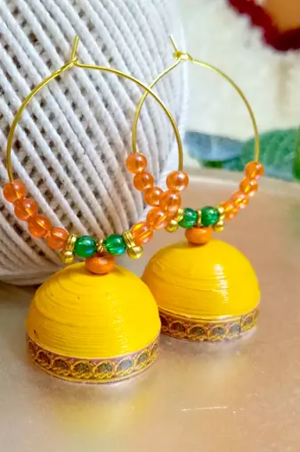 Yellow color ethnic hoops quilling jhumkas