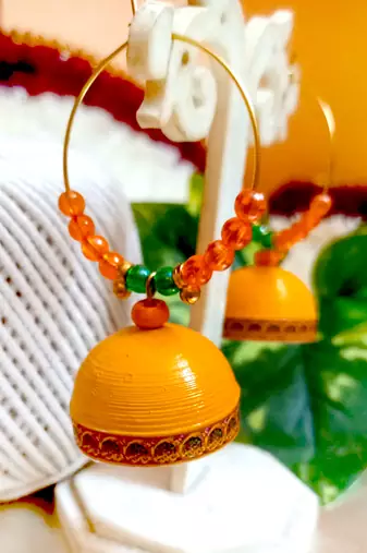 Yellow color ethnic hoops quilling jhumkas