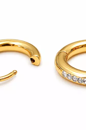 Anti-tarnish, huggie hoop style, crystal embellished, hinged closure, women's jewellery