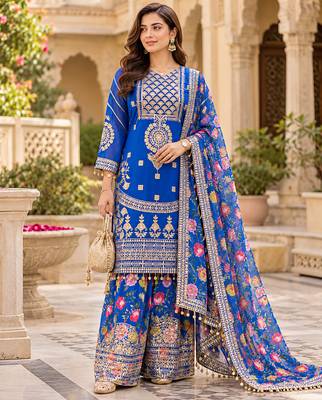 Women's faux georgette fabric zari sequence embroidery work kurta set with dupatta 1