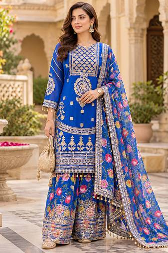 Women's faux georgette fabric zari sequence embroidery work kurta set with dupatta