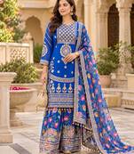 Women's faux georgette fabric zari sequence embroidery work kurta set with dupatta