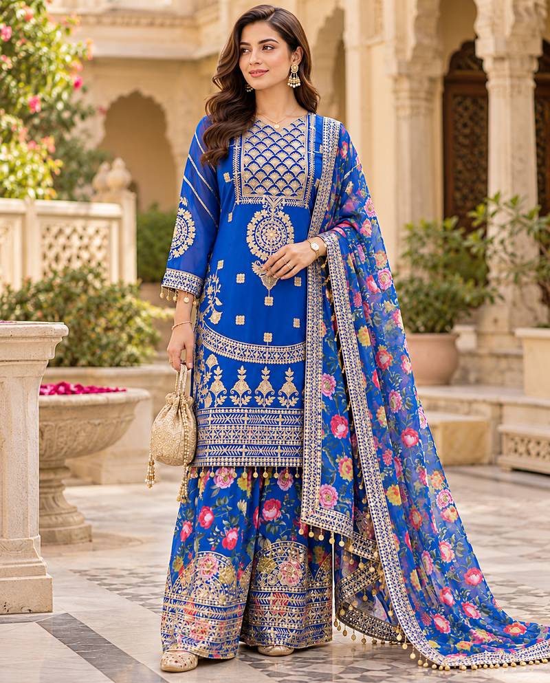 Women's faux georgette fabric zari sequence embroidery work kurta set with dupatta