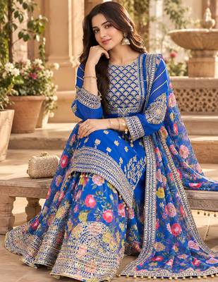 Women's faux georgette fabric zari sequence embroidery work kurta set with dupatta 4