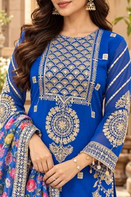 Women's faux georgette fabric zari sequence embroidery work kurta set with dupatta 5