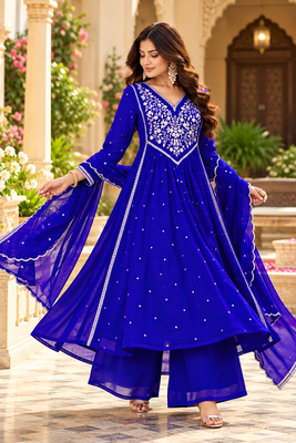 Women's premium georgette resham thread embroidered kurta set with dupatta 1
