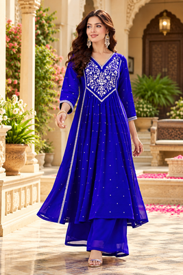 Women's premium georgette resham thread embroidered kurta set with dupatta 5