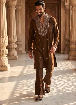 Brown heavy handwork kurta pant 1