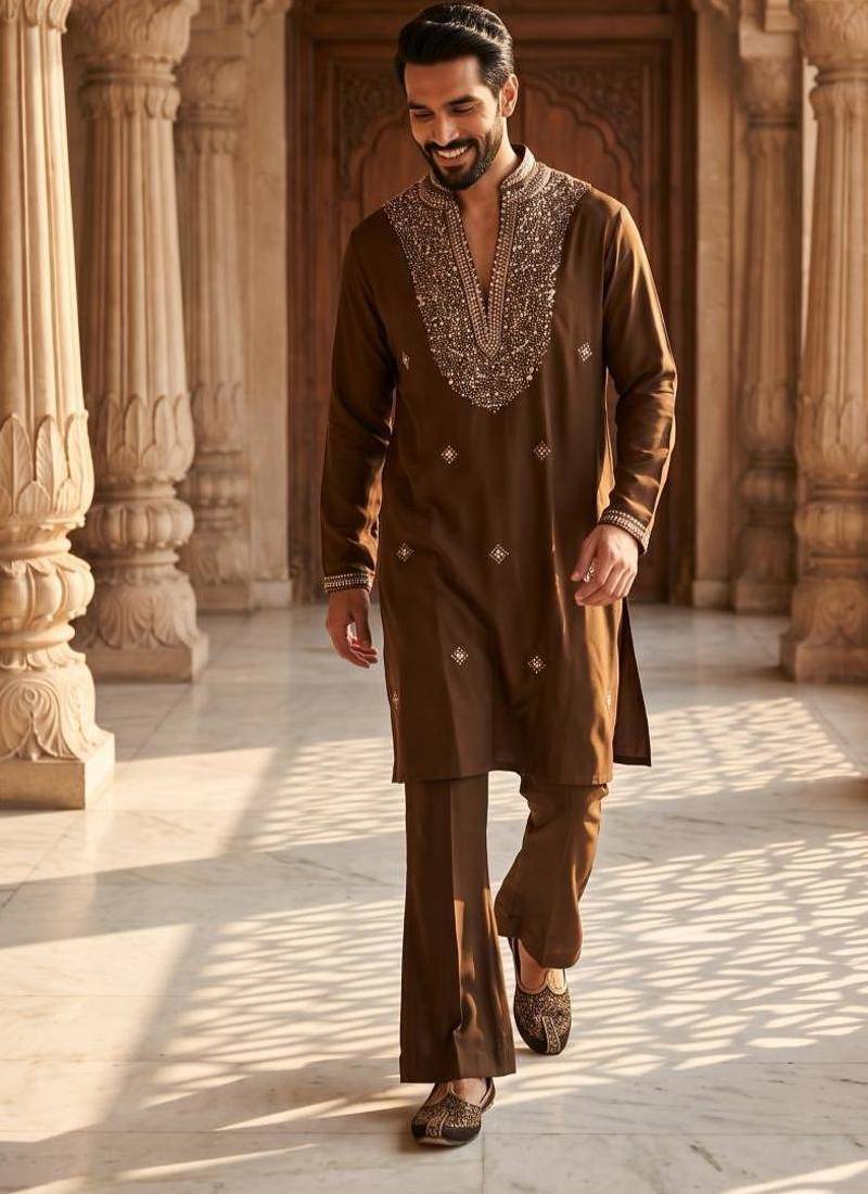 Brown heavy handwork kurta pant