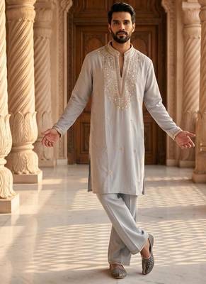 Grey heavy handwork kurta pant 1