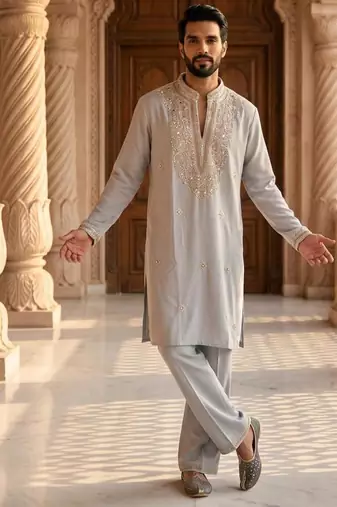 Grey heavy handwork kurta pant
