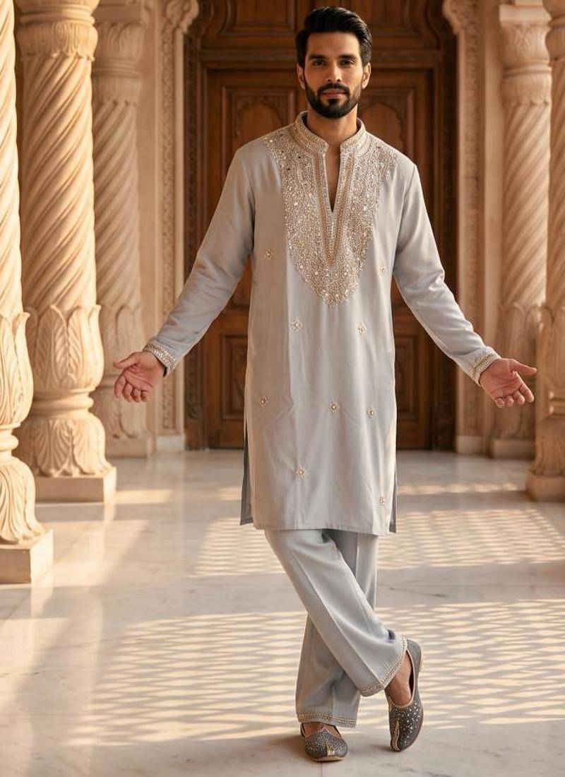 Grey heavy handwork kurta pant