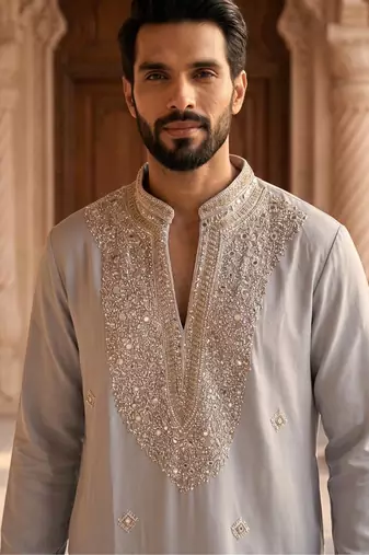 Grey heavy handwork kurta pant
