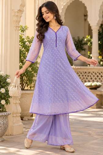 Women’s jaquard buti shimmer silk a-line flared kurta set with bottom