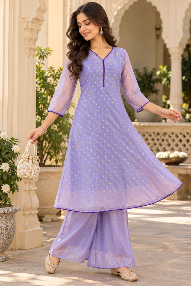 Women’s jaquard buti shimmer silk a-line flared kurta set with bottom
