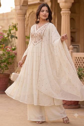 Women's premium georgette resham thread embroidered kurta set with dupatta