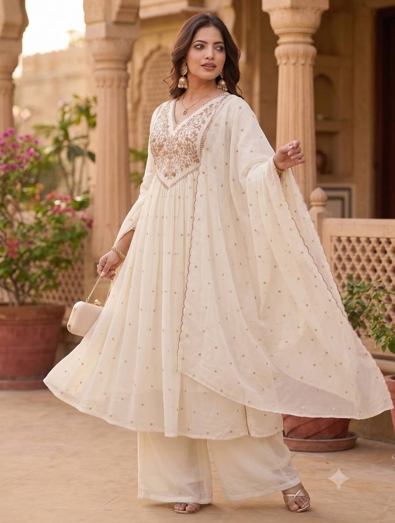 Women's premium georgette resham thread embroidered kurta set with dupatta