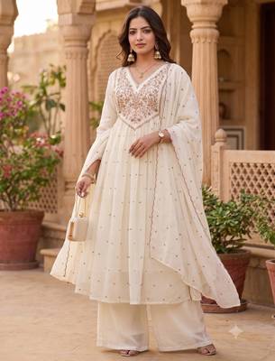 Women's premium georgette resham thread embroidered kurta set with dupatta 4