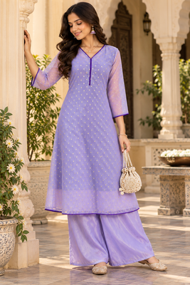 Women’s jaquard buti shimmer silk a-line flared kurta set with bottom 5