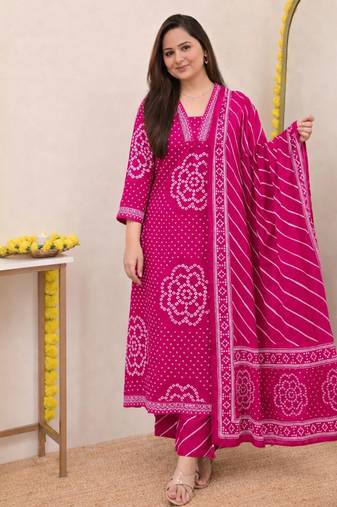 Women   s Pure Cotton Bandhani Printed Kurta Set with Palazzo Pants & Dupatta | Embroidered Work Ethnic Wear