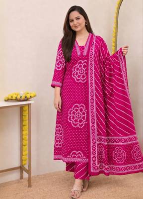 Women   s Pure Cotton Bandhani Printed Kurta Set with Palazzo Pants & Dupatta | Embroidered Work Ethnic Wear 1
