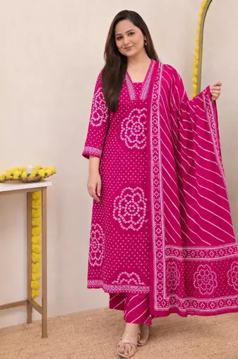 Women   s Pure Cotton Bandhani Printed Kurta Set with Palazzo Pants & Dupatta | Embroidered Work Ethnic Wear