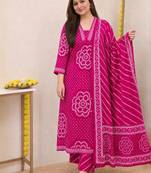 Women   s Pure Cotton Bandhani Printed Kurta Set with Palazzo Pants & Dupatta | Embroidered Work Ethnic Wear