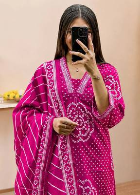 Women   s Pure Cotton Bandhani Printed Kurta Set with Palazzo Pants & Dupatta | Embroidered Work Ethnic Wear 2
