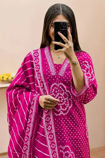 Women   s Pure Cotton Bandhani Printed Kurta Set with Palazzo Pants & Dupatta | Embroidered Work Ethnic Wear