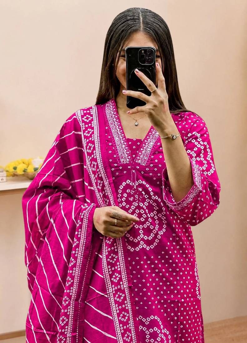 Women   s Pure Cotton Bandhani Printed Kurta Set with Palazzo Pants & Dupatta | Embroidered Work Ethnic Wear