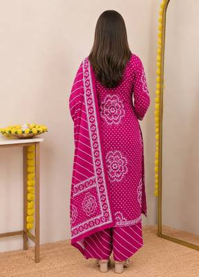 Women   s Pure Cotton Bandhani Printed Kurta Set with Palazzo Pants & Dupatta | Embroidered Work Ethnic Wear 3