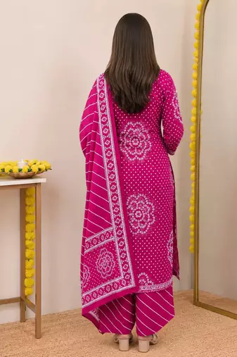 Women   s Pure Cotton Bandhani Printed Kurta Set with Palazzo Pants & Dupatta | Embroidered Work Ethnic Wear