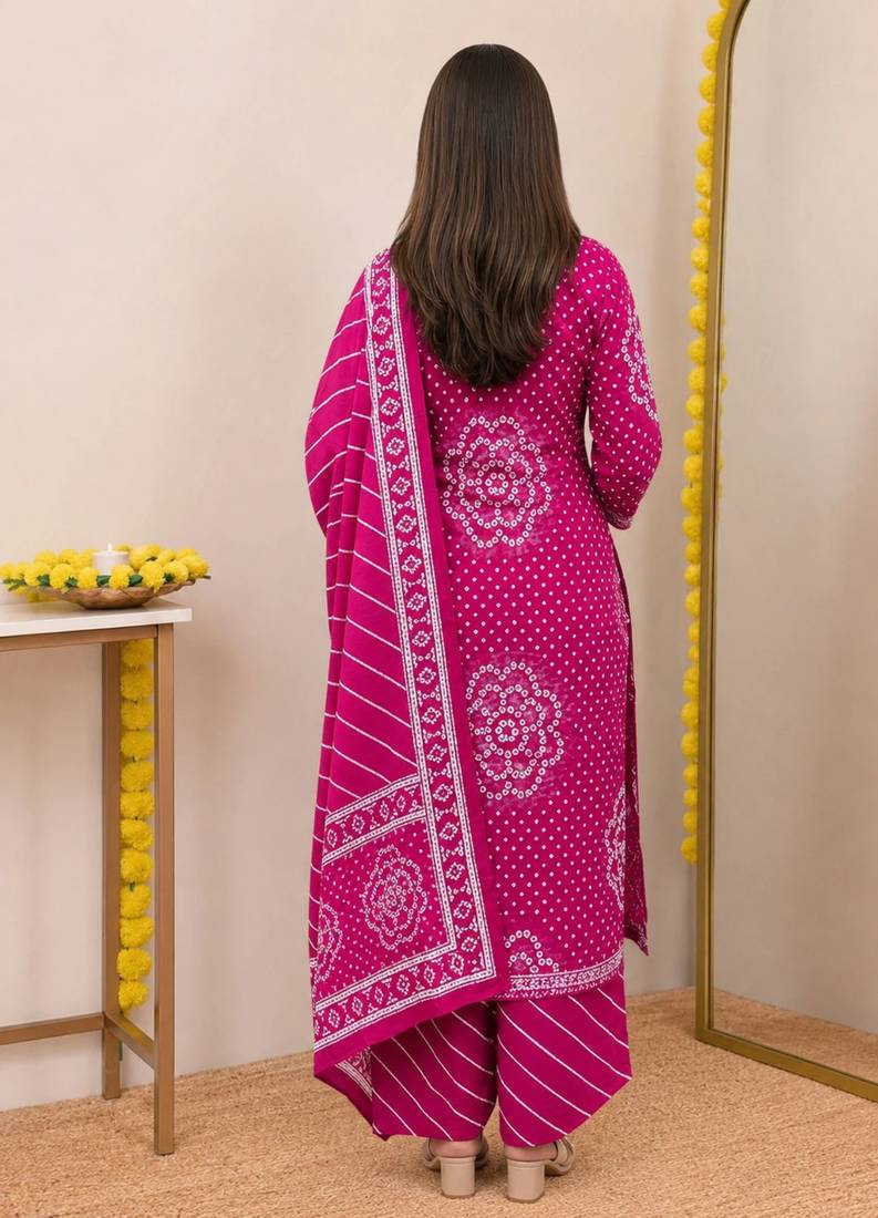 Women   s Pure Cotton Bandhani Printed Kurta Set with Palazzo Pants & Dupatta | Embroidered Work Ethnic Wear