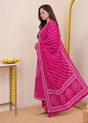 Women   s Pure Cotton Bandhani Printed Kurta Set with Palazzo Pants & Dupatta | Embroidered Work Ethnic Wear 4