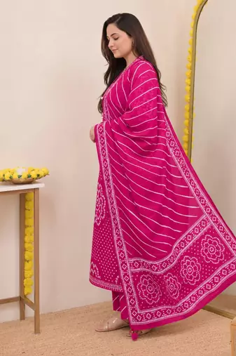 Women   s Pure Cotton Bandhani Printed Kurta Set with Palazzo Pants & Dupatta | Embroidered Work Ethnic Wear