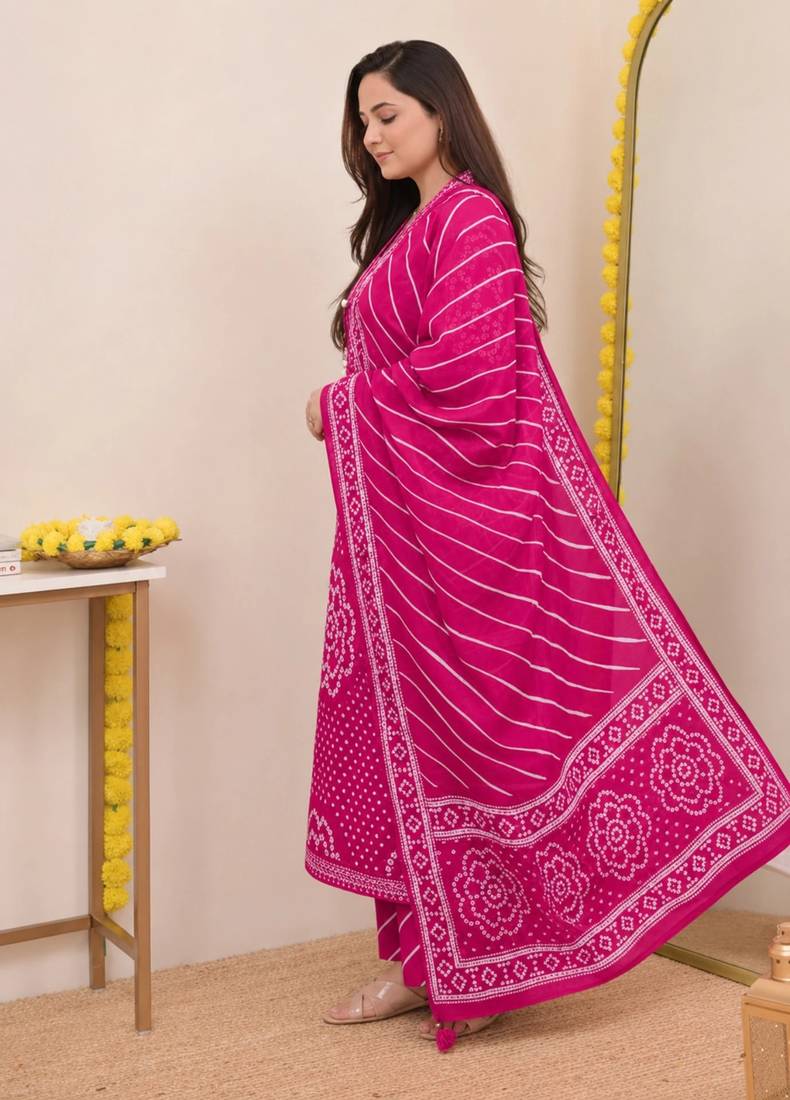 Women   s Pure Cotton Bandhani Printed Kurta Set with Palazzo Pants & Dupatta | Embroidered Work Ethnic Wear