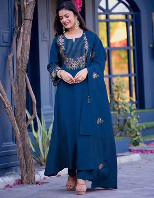 Blue color embroidery work silk blend anarkali kurta with plazzo and duptta 1