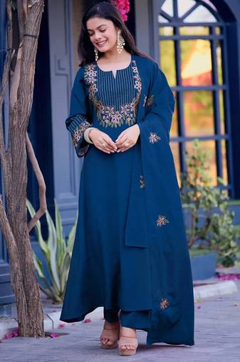 Blue color embroidery work silk blend anarkali kurta with plazzo and duptta