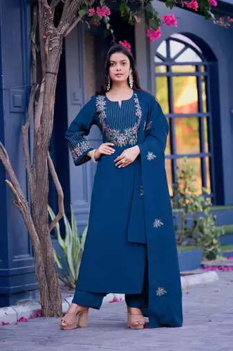 Blue color embroidery work silk blend anarkali kurta with plazzo and duptta