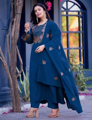 Blue color embroidery work silk blend anarkali kurta with plazzo and duptta 3