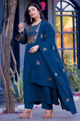 Blue color embroidery work silk blend anarkali kurta with plazzo and duptta